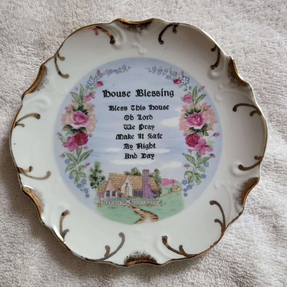 VTG House Blessing Plate With 18 K Gold Trim Wall Hanging